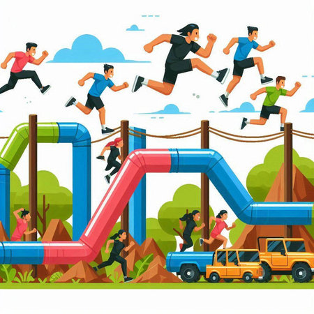 People running on water slide flat vector illustration. Cartoon men and women in sportswear running on water slide.のイラスト素材