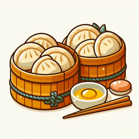 Steamed dumplings in a bamboo basket. Vector illustration.のイラスト素材