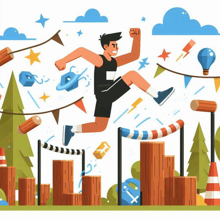 Man jumping over obstacles in the park. Vector flat cartoon illustration.のイラスト素材