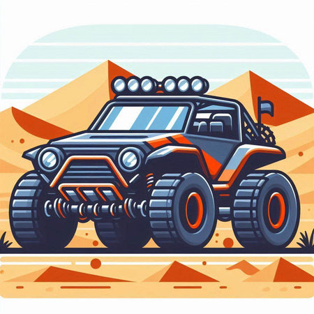 Off-road vehicle in the desert. Vector illustration in cartoon styleのイラスト素材