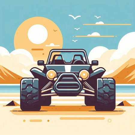 Off-road vehicle on the beach. Vector illustration in flat styleのイラスト素材