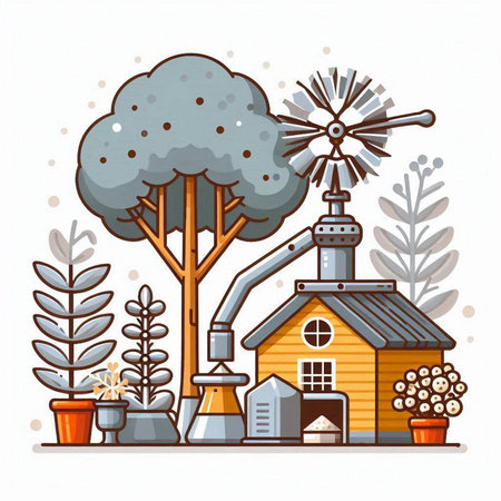 Vector illustration of a country house with a windmill and a tree.のイラスト素材
