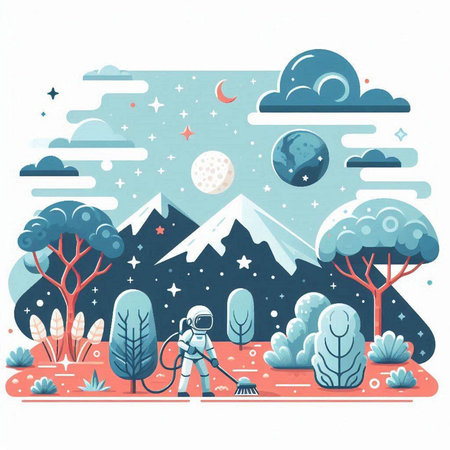 Astronaut on the background of the mountains. Vector illustration.のイラスト素材