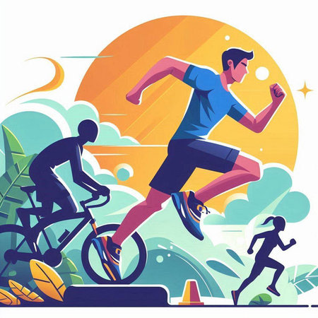 Vector illustration of a man on a bicycle and a woman running in the parkのイラスト素材