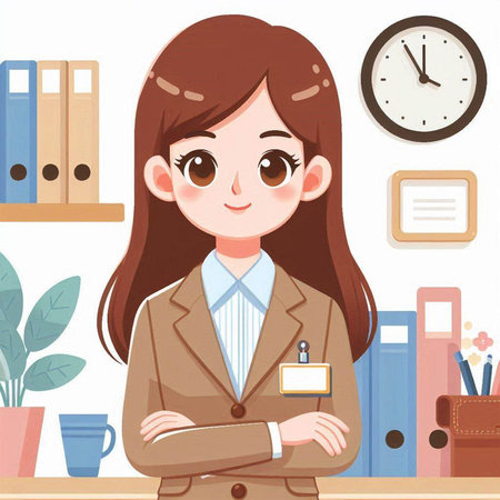 Young business woman in the office. Vector illustration in flat style.のイラスト素材