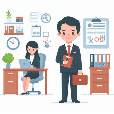 Businessman and businesswoman working together in office. Vector illustration.のイラスト素材