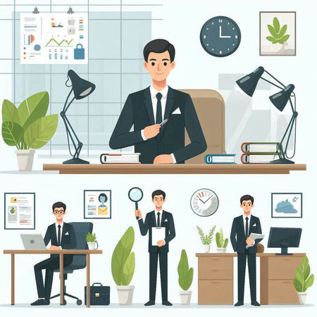 Businessman in office. Vector illustration in flat style. Businessman in office.のイラスト素材