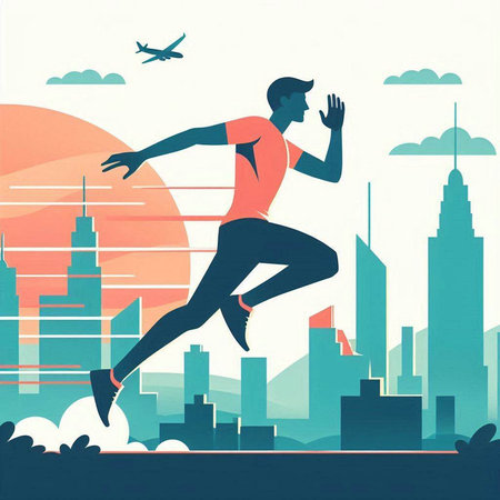 Running man in the city. Healthy lifestyle. Vector illustration in flat styleのイラスト素材