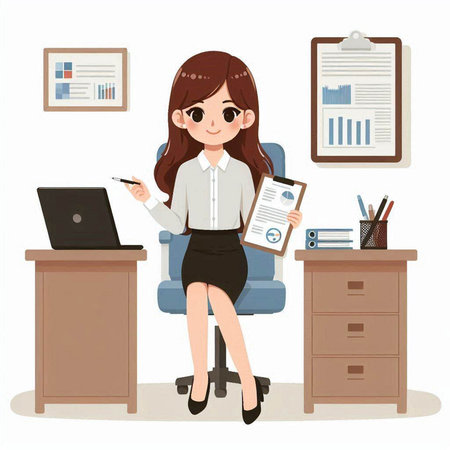 Businesswoman sitting on chair and working in office. Vector illustration.のイラスト素材