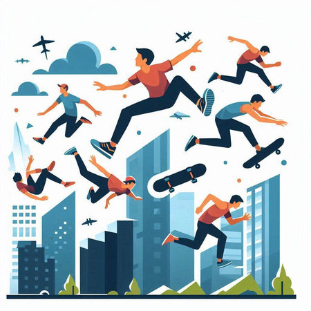 Skateboarders jumping in the city. Vector illustration in flat styleのイラスト素材