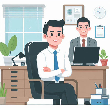 Businessman sitting at desk in office. Vector illustration in cartoon styleのイラスト素材
