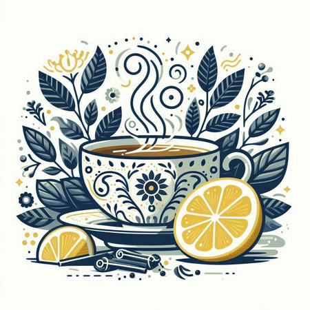 Cup of tea with lemon, leaves and cinnamon. Vector illustration.のイラスト素材