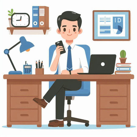 Businessman working at his desk with laptop and phone. Vector illustrationのイラスト素材