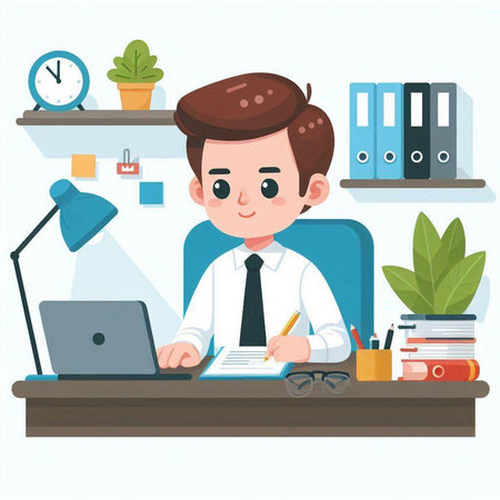 Businessman working at office desk. Vector illustration in cartoon style.のイラスト素材