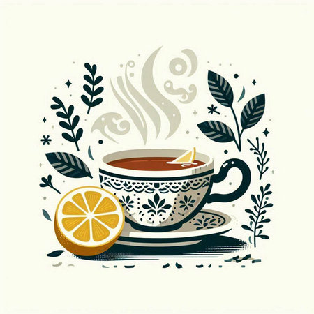 Cup of tea with lemon and leaves. Hand drawn vector illustration.のイラスト素材