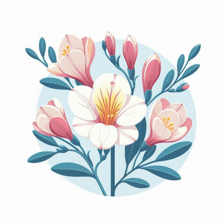 Illustration of spring flowers in a round frame on a white backgroundのイラスト素材