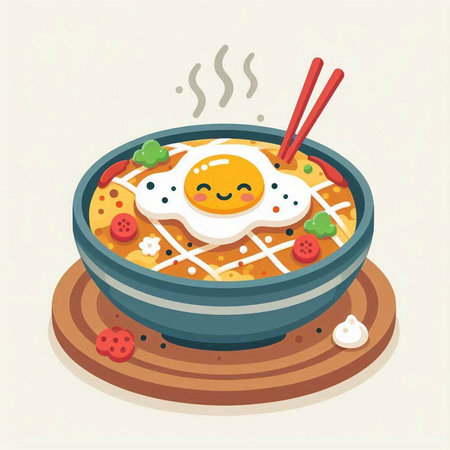 Illustration of a bowl of ramen with fried egg and chopsticksのイラスト素材