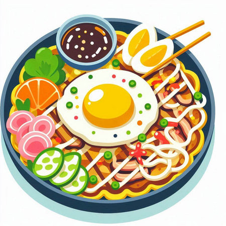 Illustration of a Soba noodles with fried egg and vegetables.のイラスト素材