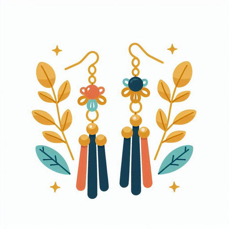 Illustration of earrings with feathers and beads. Vector illustration.のイラスト素材