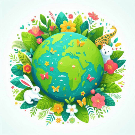Easter greeting card with planet and spring flowers. Vector illustration.のイラスト素材