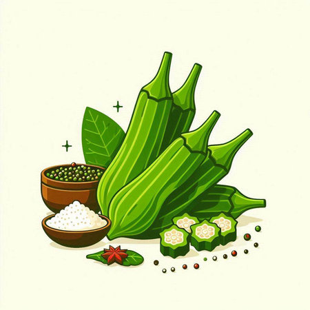 Illustration of okra and ingredients for cooking on a light backgroundのイラスト素材