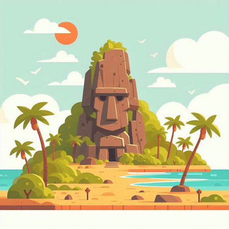 Tropical island with giant statues. Vector illustration in flat styleのイラスト素材