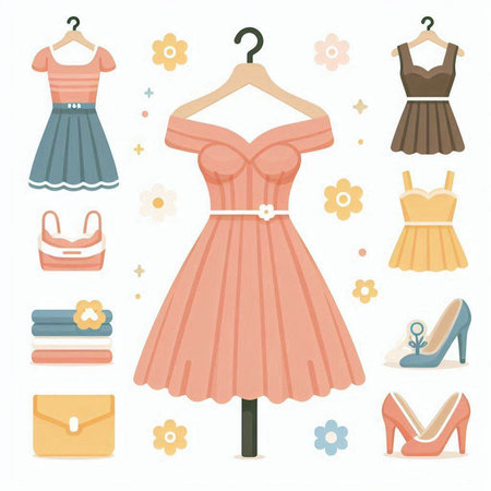 Women's clothing set. Dress, shoes and accessories. Vector illustrationのイラスト素材