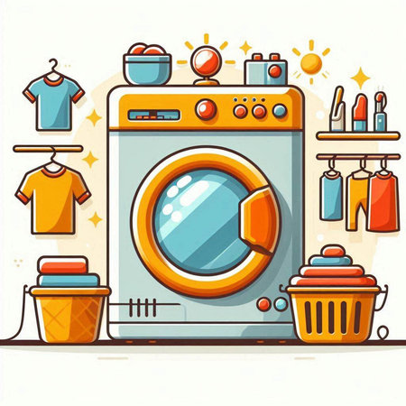 Laundry room with washing machine, basket, t-shirt and clothes. Vector illustration.のイラスト素材