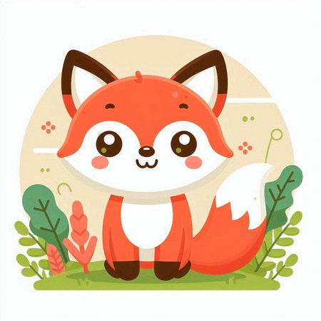 Cute little fox in the forest. Vector illustration in flat styleのイラスト素材