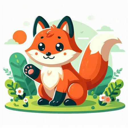 Cute cartoon fox sitting on the grass. Vector illustration in flat style.のイラスト素材