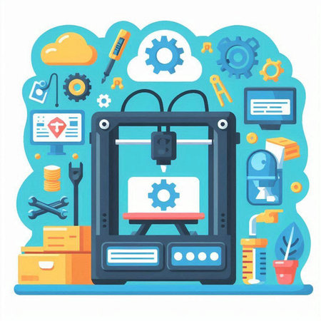 3D printer with a set of tools. Vector illustration in flat styleのイラスト素材