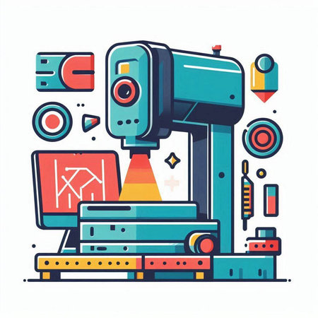 Vector illustration of industrial machine on white background. Line art design for web, site, advertising, banner, poster, board and print.のイラスト素材