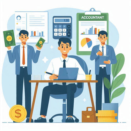 Businessmen working in office. Vector illustration in flat design style.のイラスト素材