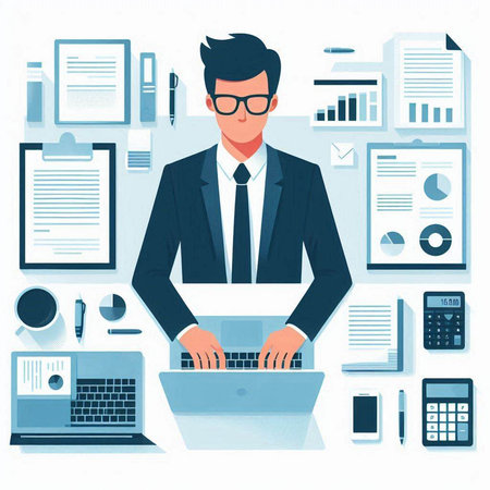 Businessman working on laptop in office. Flat style vector illustration.のイラスト素材