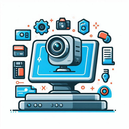 Vector illustration of a video camera on a computer. Modern thin line art design for web, site, advertising, banner, poster, board and print.のイラスト素材