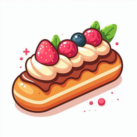 Vector illustration of eclair with cream and berries on a white backgroundのイラスト素材