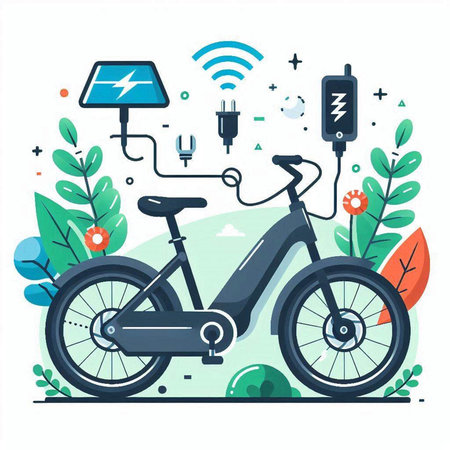 Electric bike in the park. Ecological transport. Vector illustration.のイラスト素材