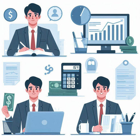 Businessman character set. Vector illustration in flat style. Businessman with laptop, calculator, money, document, calendar, wallet, chart, calculator.のイラスト素材