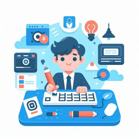Businessman working on computer. Flat design style modern vector illustration.のイラスト素材