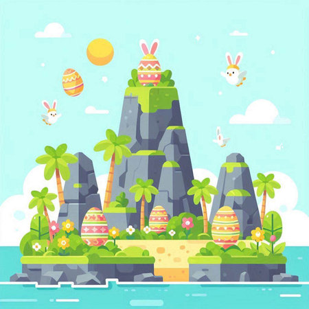 Easter landscape with mountains, flowers and eggs. Vector illustration.のイラスト素材