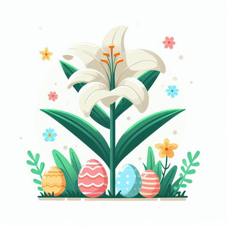 Easter greeting card with lily, eggs and flowers. Vector illustration.のイラスト素材