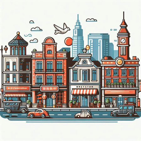Vector illustration of the city street with buildings, shops and flying birdsのイラスト素材