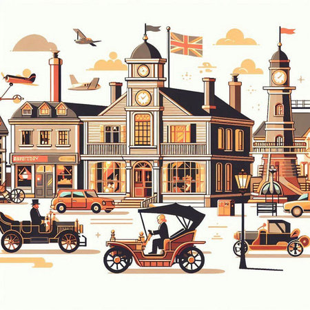 London city street with old cars and people. Vector illustration in retro style.のイラスト素材