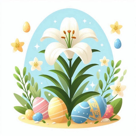 Easter background with eggs and lily flowers. Vector illustration.のイラスト素材