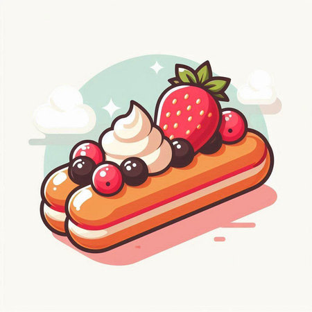 Vector illustration of a chocolate eclair with cream and berries on topのイラスト素材