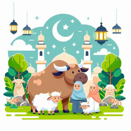 Ramadan Kareem greeting card. Muslim family with sheep and goat. Cartoon vector illustration.のイラスト素材
