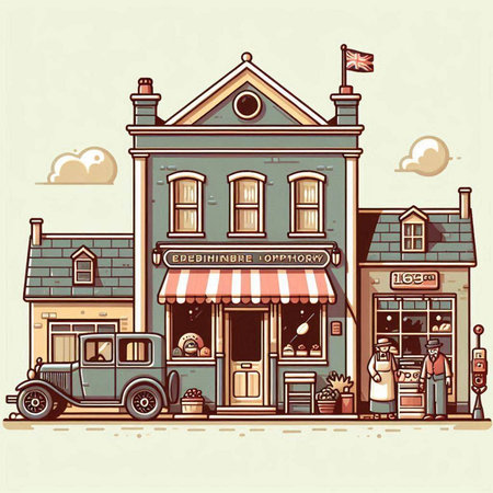 Vector illustration of old town in retro style. Hand drawn illustration.のイラスト素材