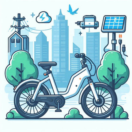 Vector illustration of electric bike in the city. Ecological transport.のイラスト素材