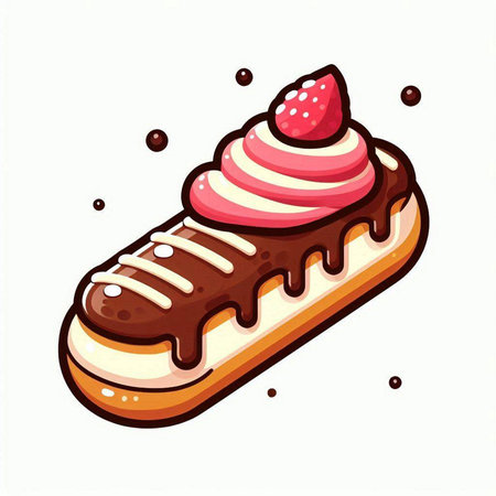 Chocolate eclair with strawberry and whipped cream. Vector illustration.のイラスト素材