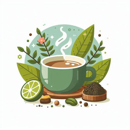 Cup of tea with lemon and green leaves. Vector illustration.のイラスト素材